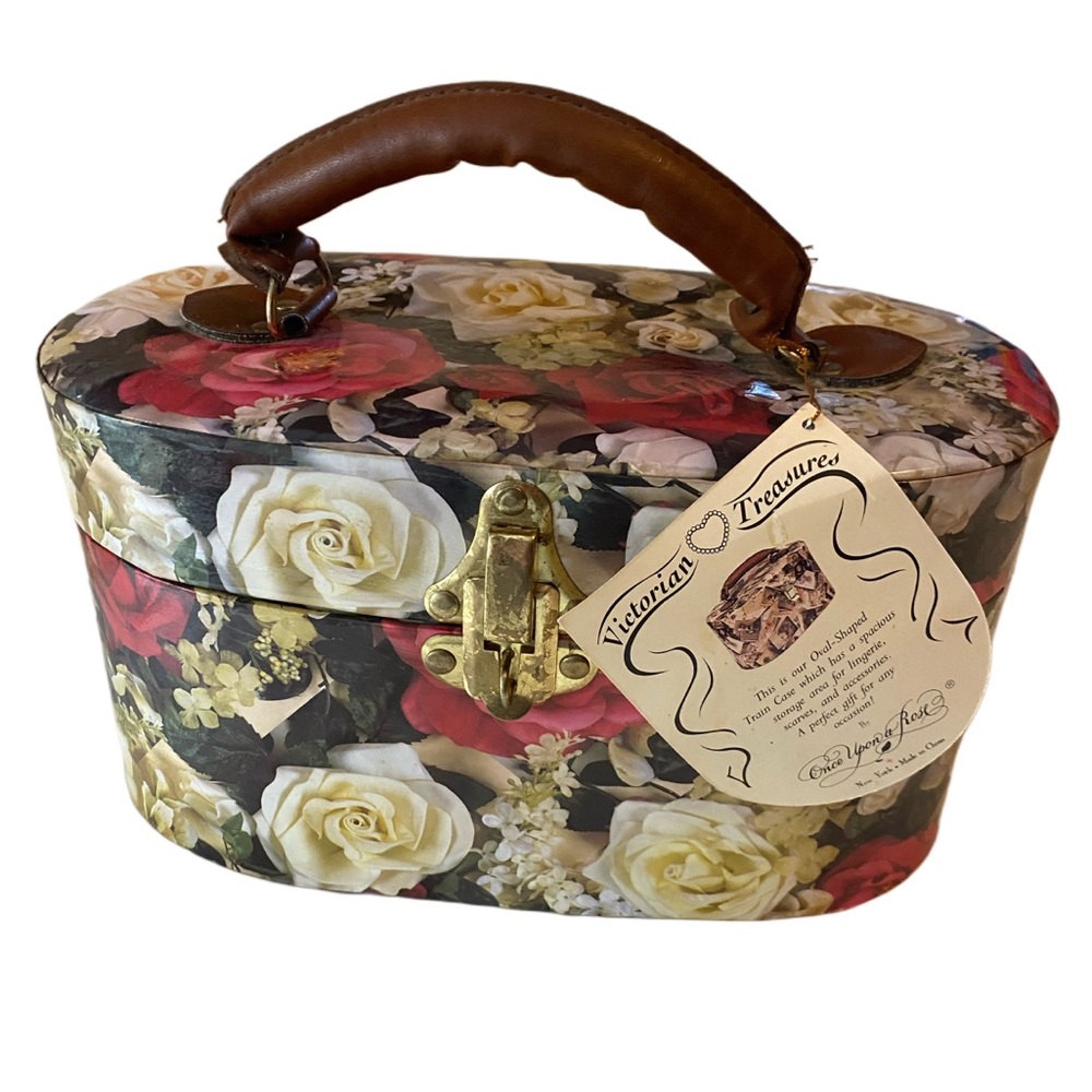 Vintage Victorian Floral Oval Train Case - Brown Handle with Mirror